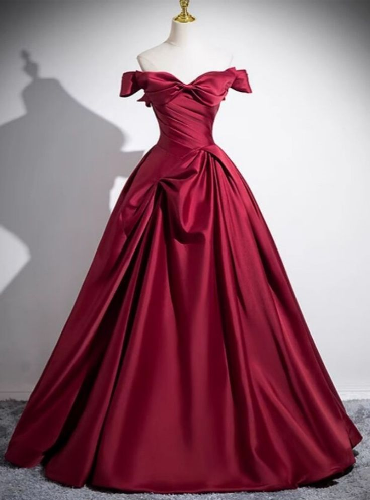 Burgundy Off The Satin Pleated Ball Gown A Line Prom Dress