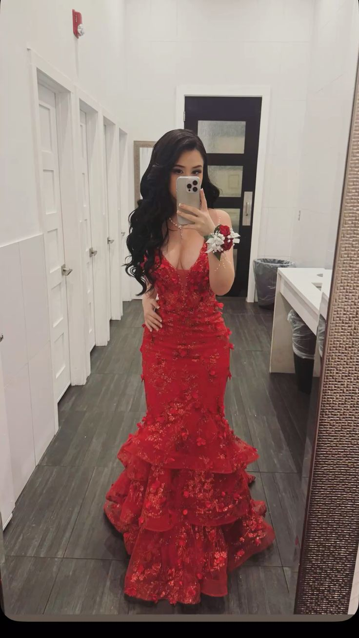 Red Mermaid Prom Party Dress With Flowers Sexy Evening Dress Birthday Outfit