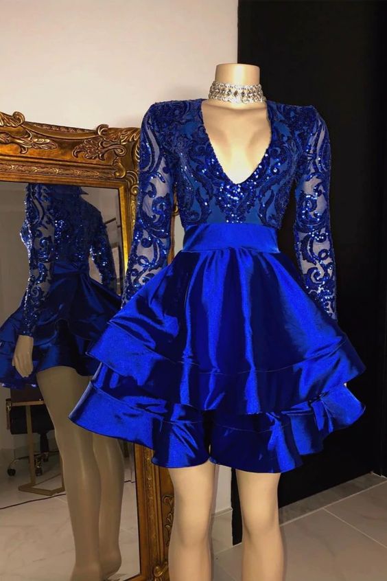 Royal Blue V-neck Long Sleeves Knee Length A-line Party Dresses