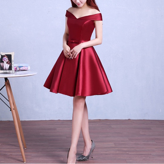 Burgundy homecoming dress,off the shoulder short cocktail dress,satin gowns