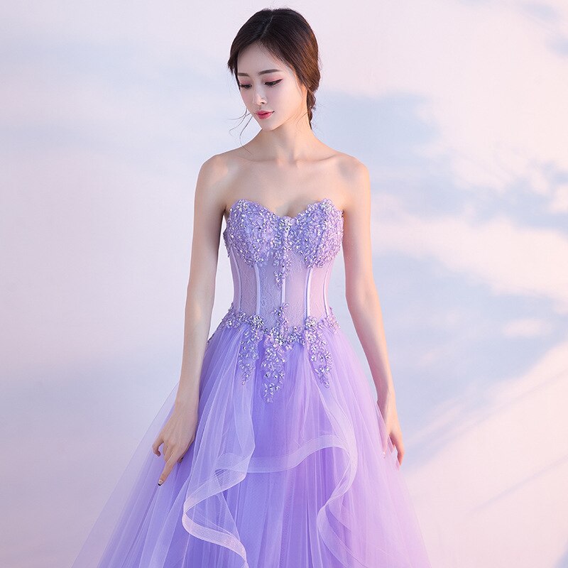 Lilac Sweetheart Tulle Prom Dress Beaded Sequined Princess Prom Dress