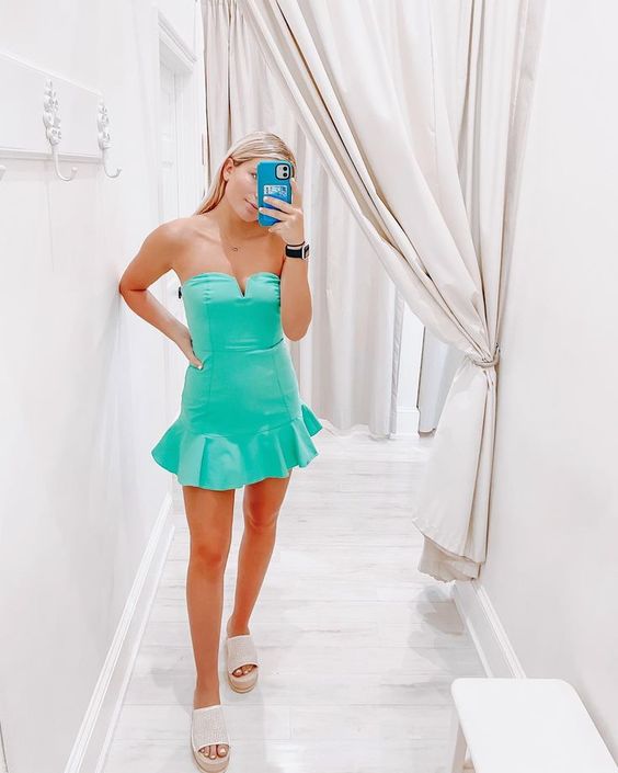 Fresh Mint Green Strapless Cute Homecoming Dress Rufflues Bottom Party Dress
