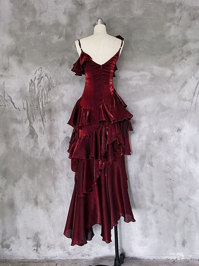 Pretty Asymmetrical Layered Flounce Spaghetti Strap Satin Prom Dress Mermaid Evening Gown