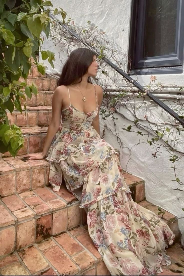 Vintage Print Floral Evening Dress A Line Layered Ruffles Prom Party Dress