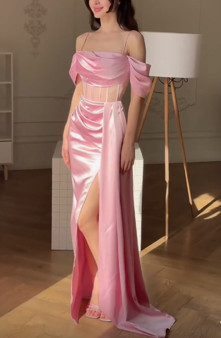 Pink Mermaid Evening Dress Long Slit Party Prom Dress