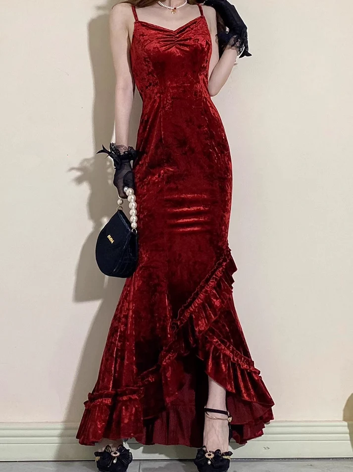 Vintage Burgundy Mermaid Ruffles Prom Dress Spaghetti Straps Long Party Dress Evening Dress