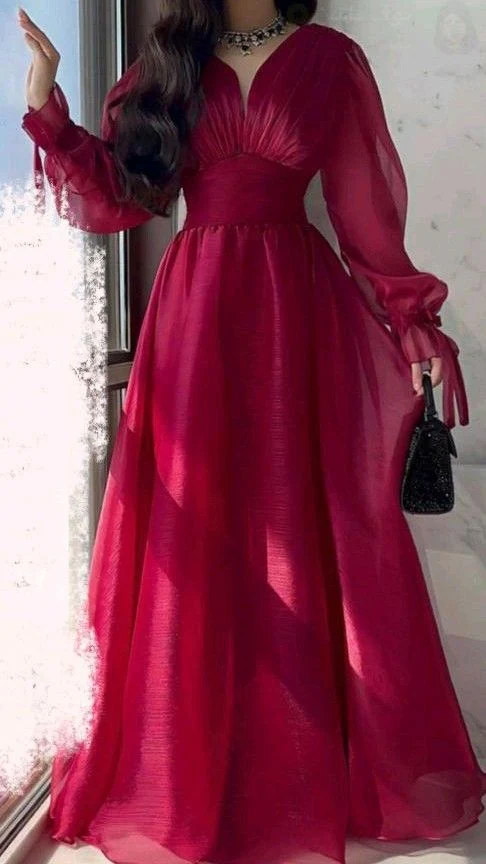 A Line V Neckline Long Sleeves Hot Pink Tulle Long Prom Dresses Evening Dress