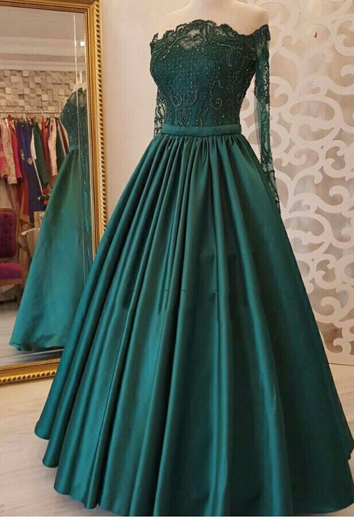 modest dark green party dress, off the shoulder prom dresses ,prom dress with long sleeves, evening gowns with lace