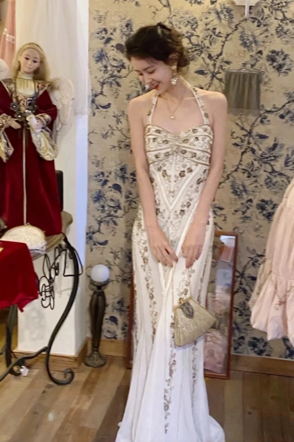 White Mermaid Long Prom Dress Beaded Vintage Evening Dress