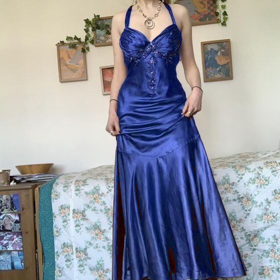 Halter A Line Satin Long Prom Dress Vintage Formal Party Dress