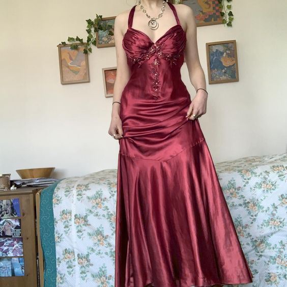Halter A Line Satin Long Prom Dress Vintage Formal Party Dress