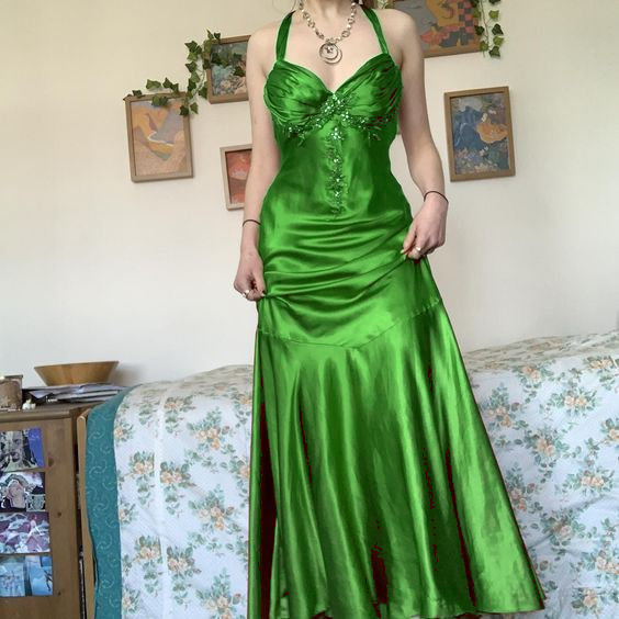 Halter A Line Satin Long Prom Dress Vintage Formal Party Dress