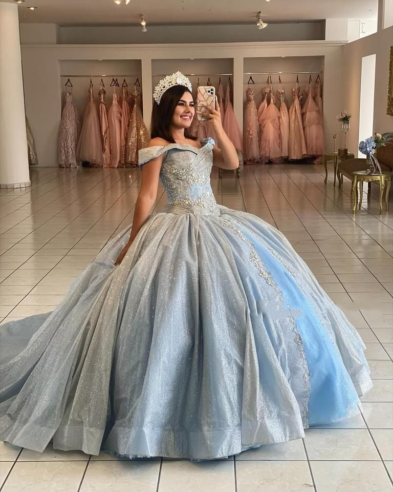 A Line Light Blue Off The Shoulder Quinceanera Dress Ball Gown
