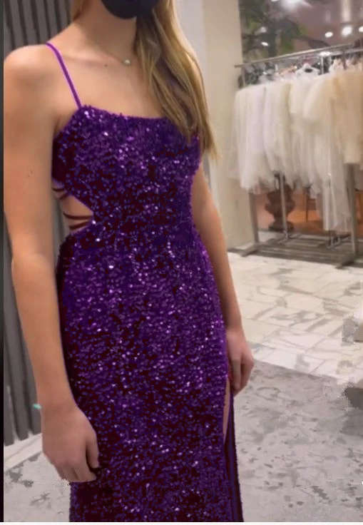Long Evening Dresses Mermaid Sequins Prom Dress with Silt