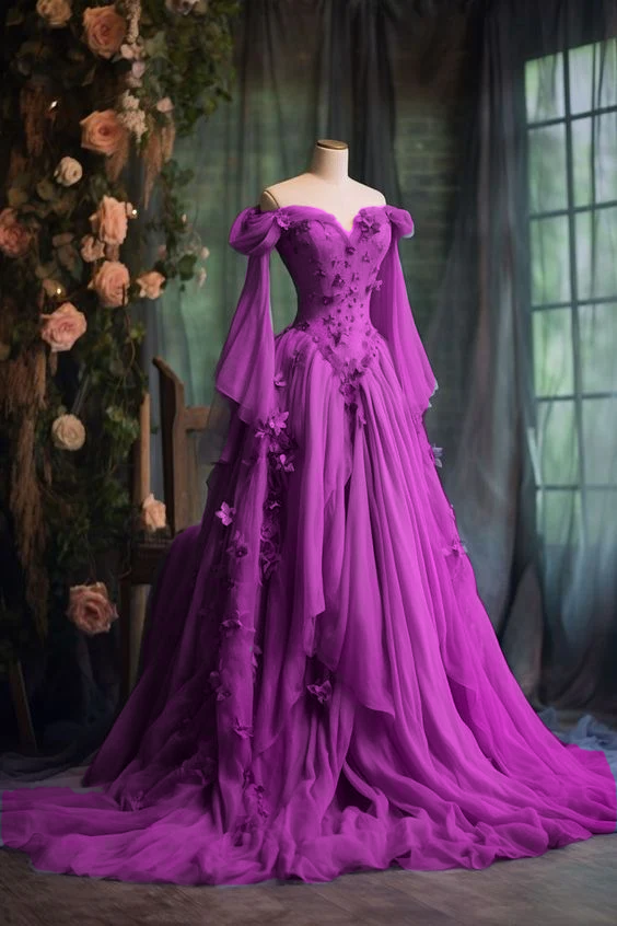 Purple Custom Dress Long Sleeve Floral Applique A-Line Long Evening Dress