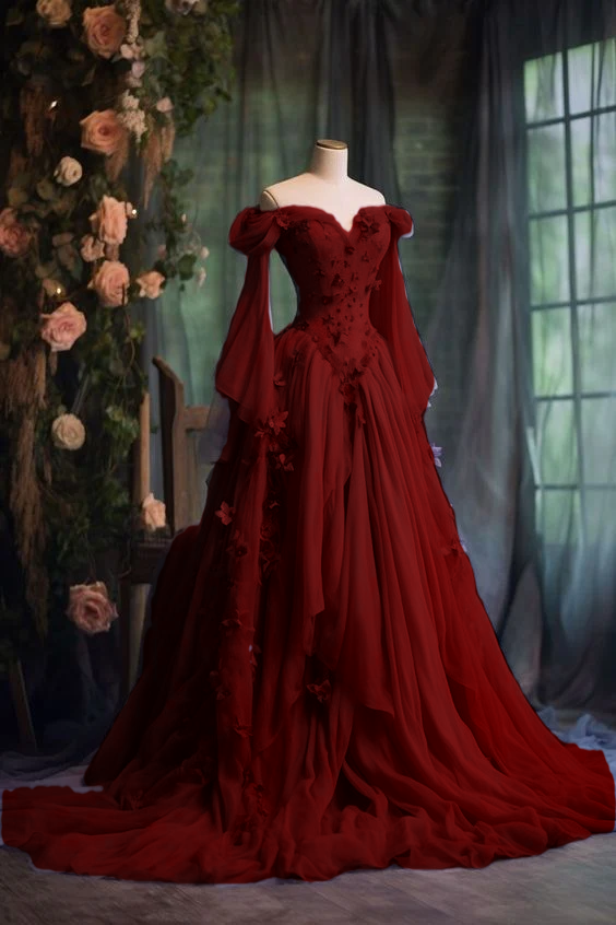 Purple Custom Dress Long Sleeve Floral Applique A-Line Long Evening Dress