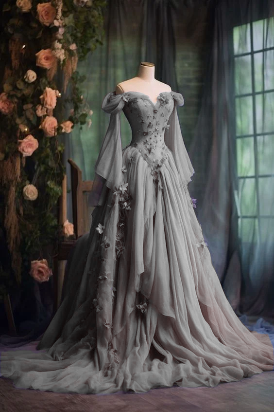 Purple Custom Dress Long Sleeve Floral Applique A-Line Long Evening Dress