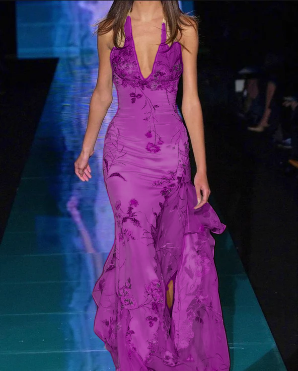 Mermaid Embroidered Long Prom Dress,Deep V Neck Evening Dress With Slit