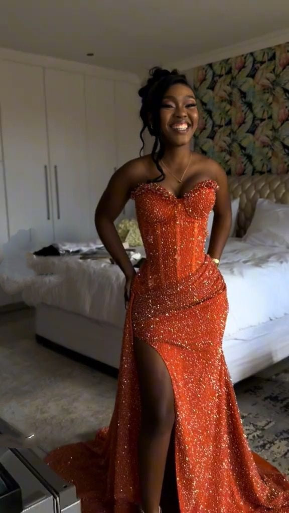 Orange Mermaid Long Prom Dress Evening Party Dresses