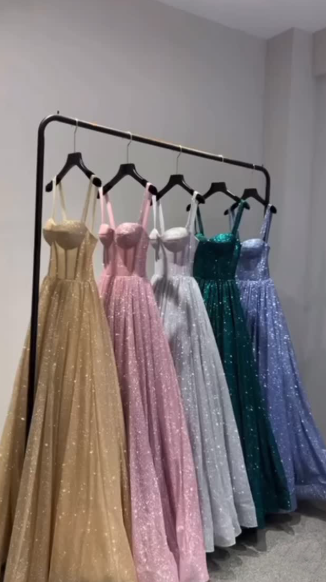 A Line Pink Spaghetti Straps Shinny Long Formal Dress Evening Party Dresses