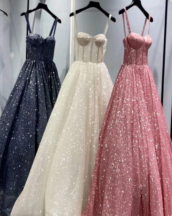 A Line Pink Spaghetti Straps Shinny Long Formal Dress Evening Party Dresses