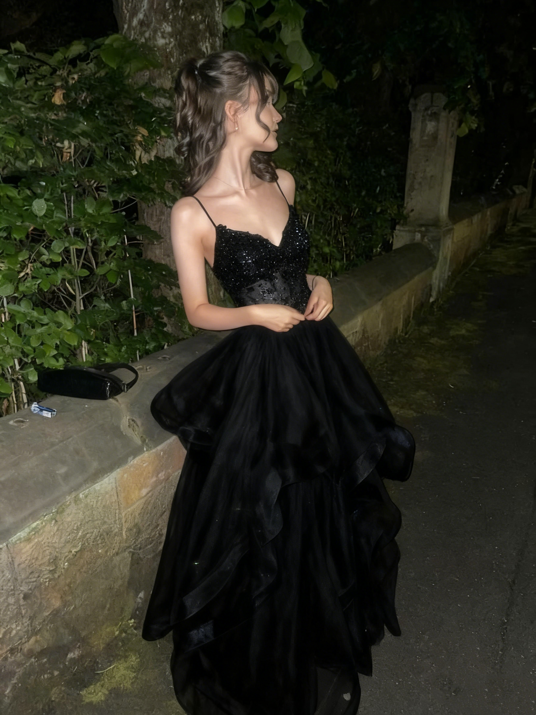 A Line Blue Shinny Tulle Party Dress Long Evening Dress Vintage Prom Dress