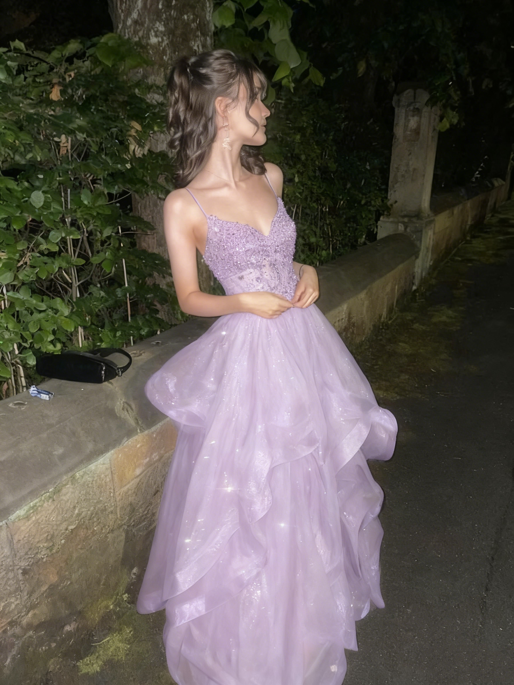 A Line Blue Shinny Tulle Party Dress Long Evening Dress Vintage Prom Dress