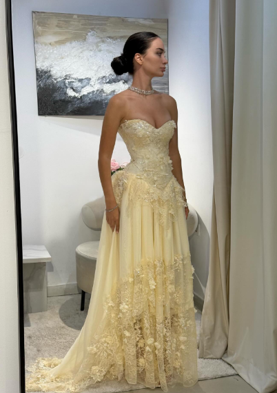 Yellow A Line Sweetheart Neck Long Prom Dress Evening Dress With Applique