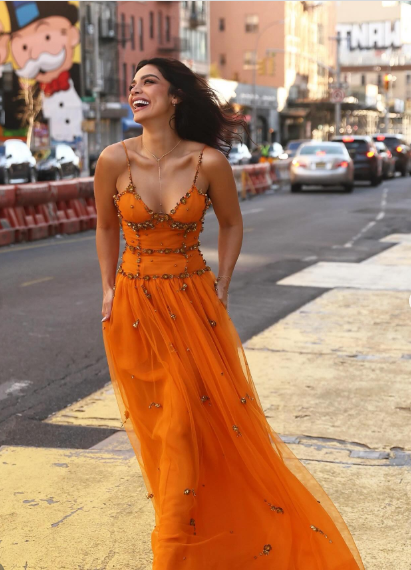 Beaded Orange Vintage Tulle Prom Dress 21st Birthday Outfit Evening Dress