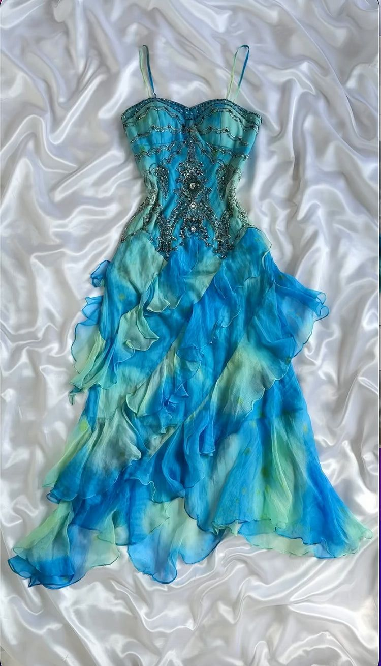 Blue Vintage Long Prom Dress Beaded Evening Party Dress 21st Birthday Outfit