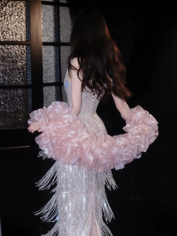 Shiny Tassel Luxurious Evening Dress Beaded Long Prom Dress Birthday Dress