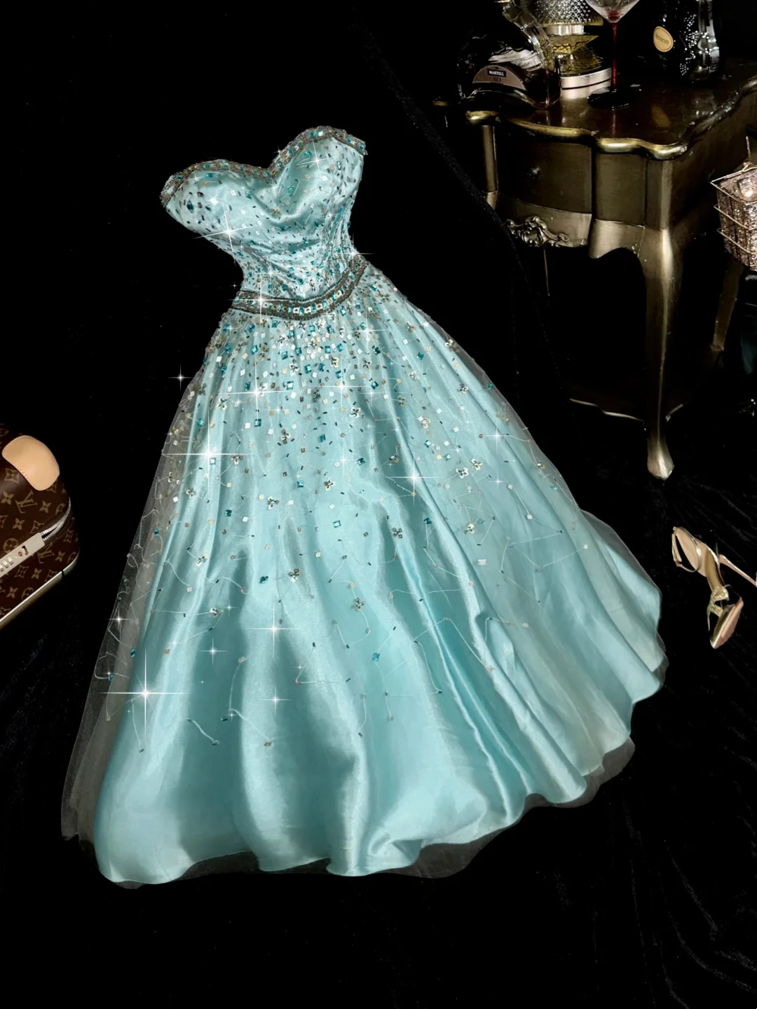 Sweetheart Blue Long Prom Dress Beaded Vintage Birthday Outfit