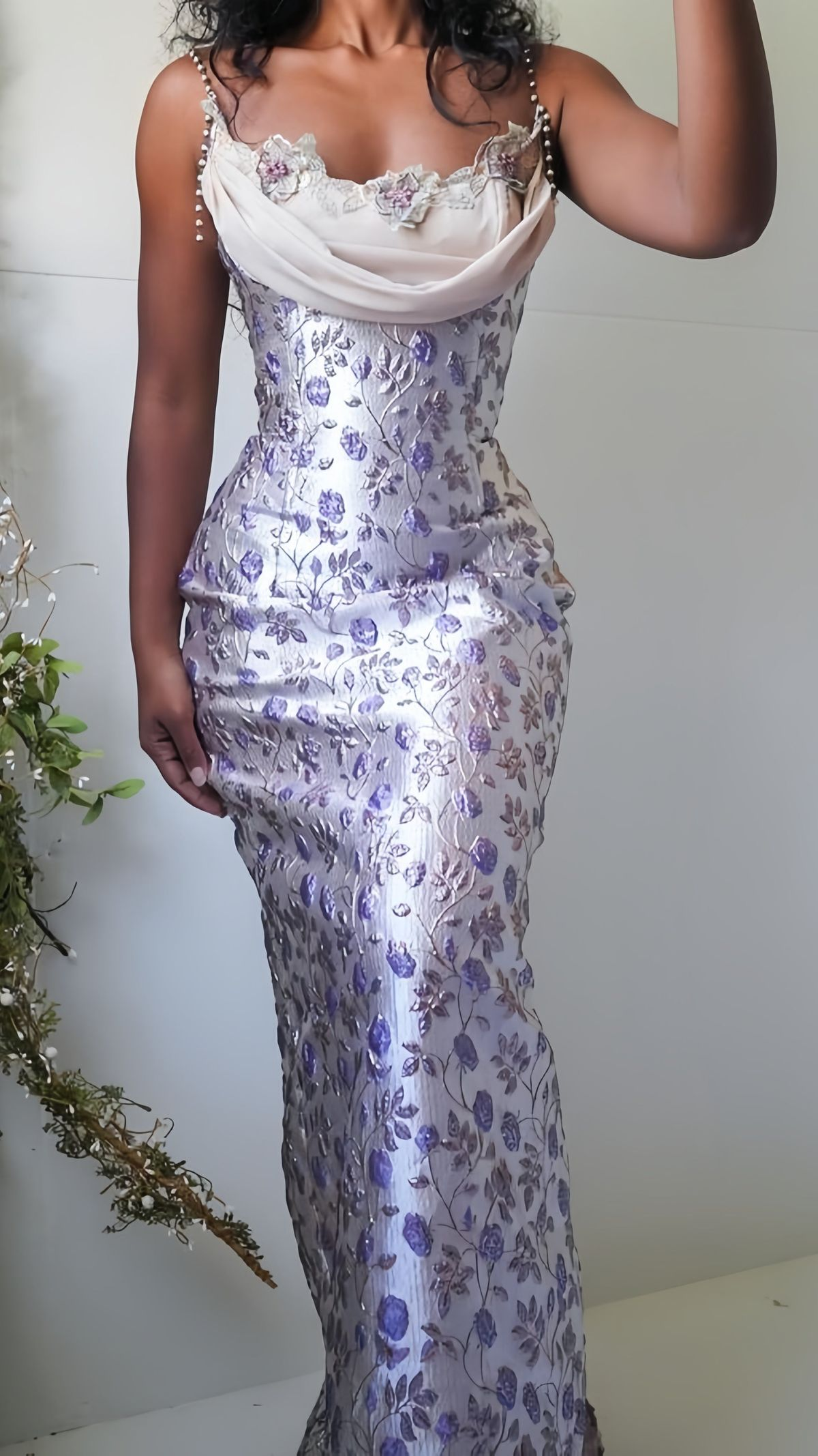 Purple Floral Sheath Beaded Prom Dresses Appliques Party Dress
