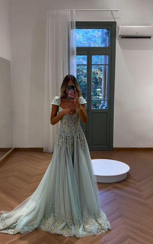 V Neck Tulle Beaded Prom Dress Classy Evening Dress Birthday Gown