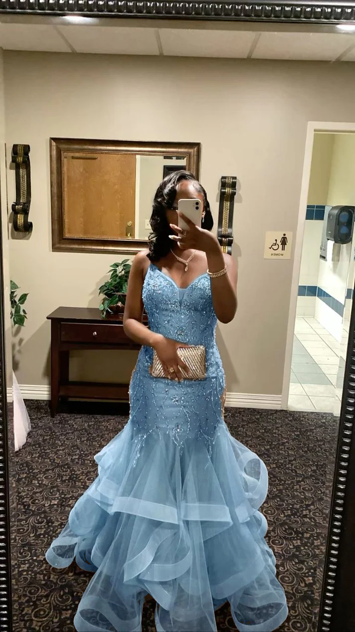 V Neck Mermaid Tulle Prom Dress Beading Evening Dress Graduation Dress