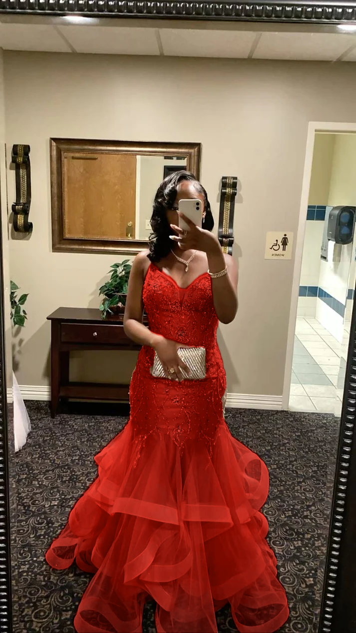 V Neck Mermaid Tulle Prom Dress Beading Evening Dress Graduation Dress