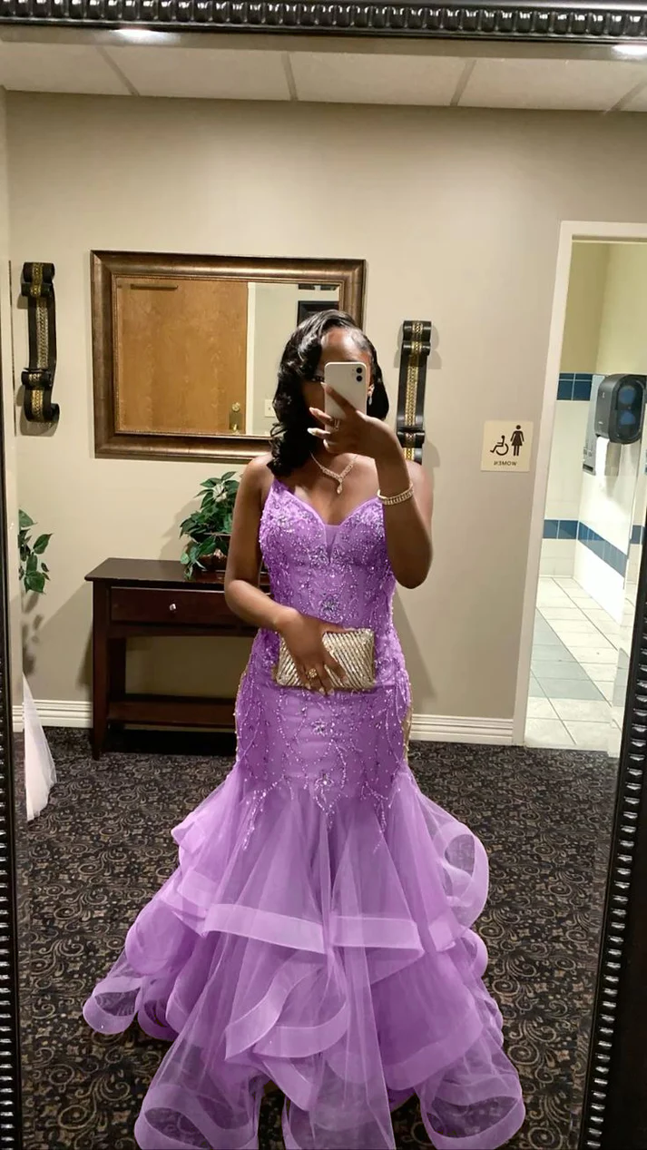 V Neck Mermaid Tulle Prom Dress Beading Evening Dress Graduation Dress