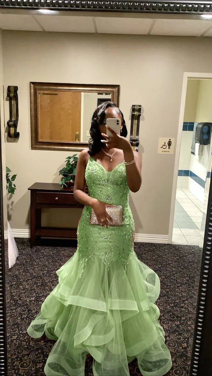 V Neck Mermaid Tulle Prom Dress Beading Evening Dress Graduation Dress