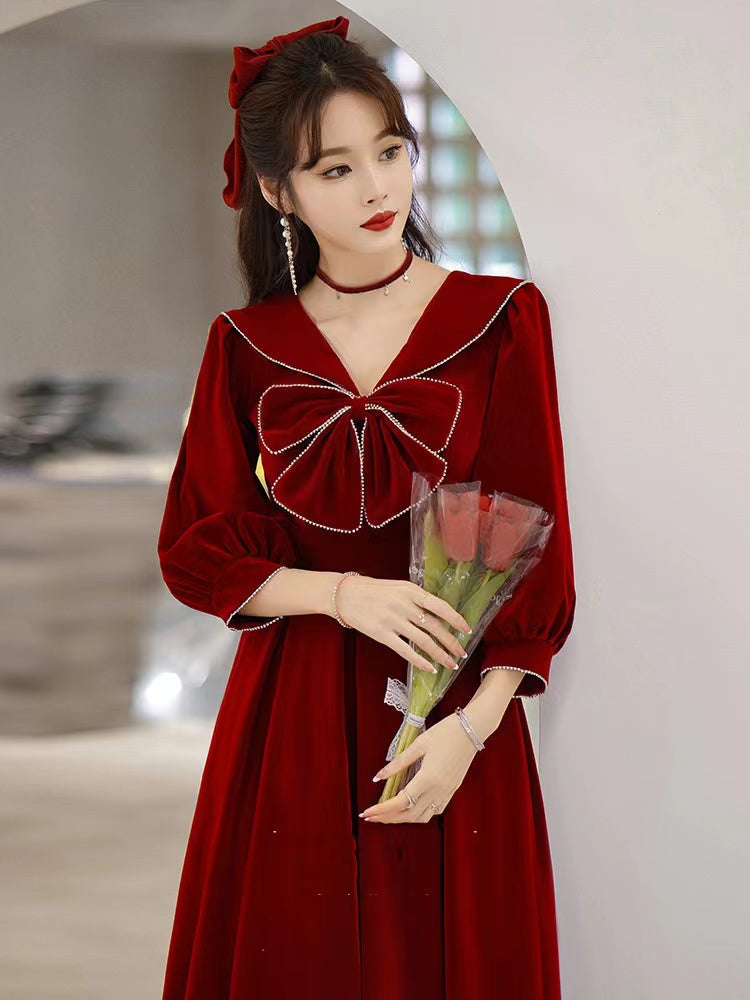 New style, autumn and winter long sleeve dress, party velvet evening dress, New Year prom dress,custom made