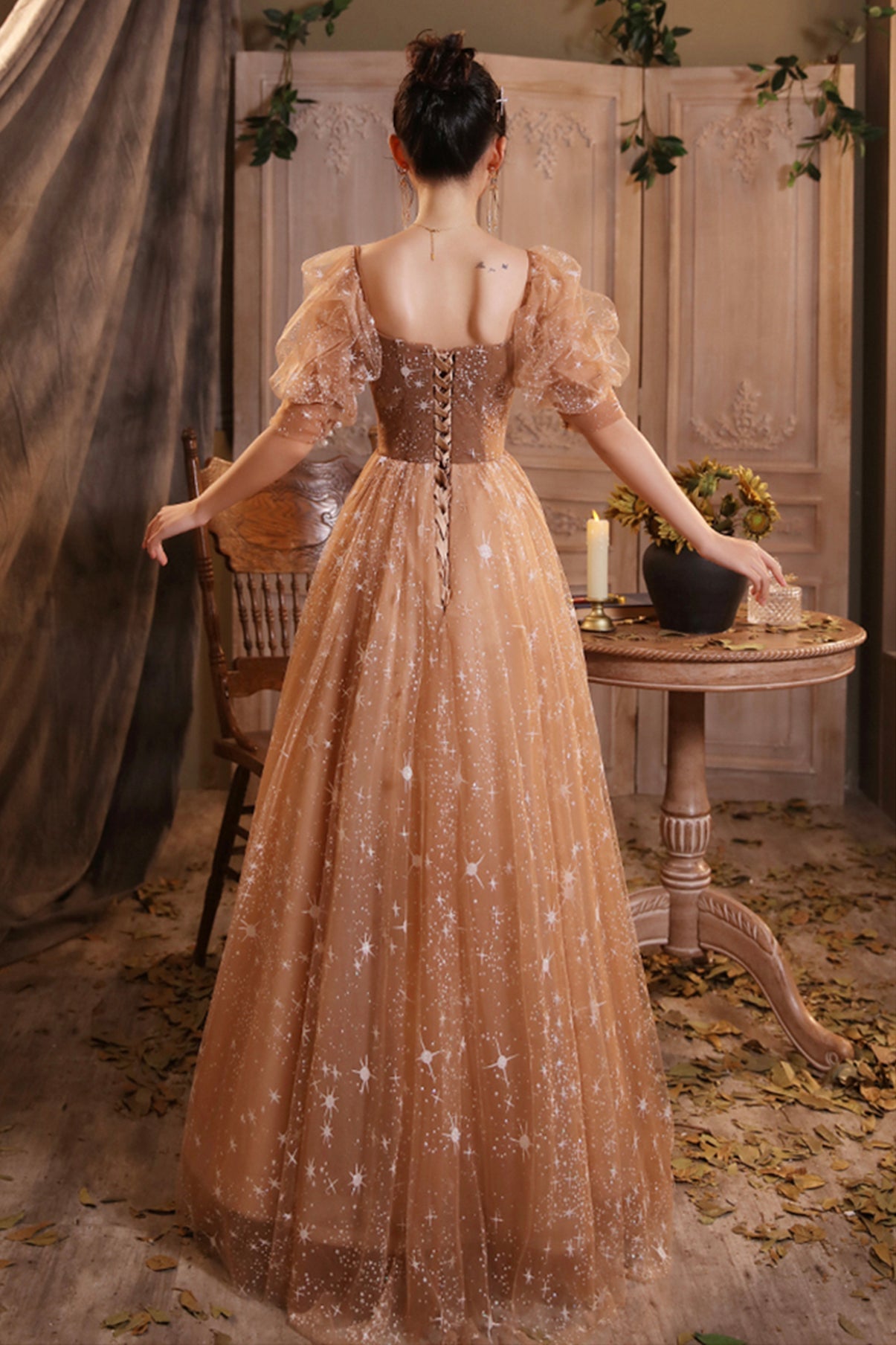 Elegant Champagne Evening Dresses Female Lanturn Sleeves Bow Lace Up Long French Style Ball Gowns