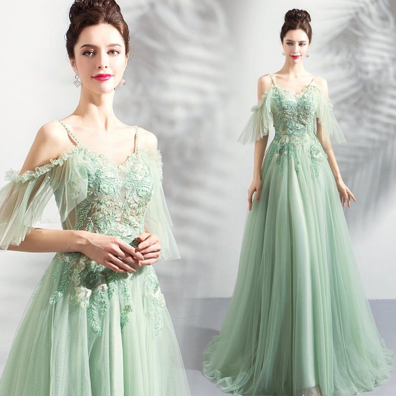 Green tulle lace long prom dress, evening dress