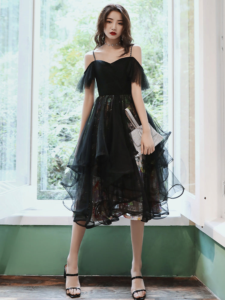Unique design black tulle short prom dress