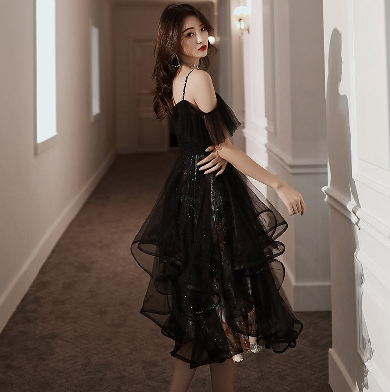 Unique design black tulle short prom dress