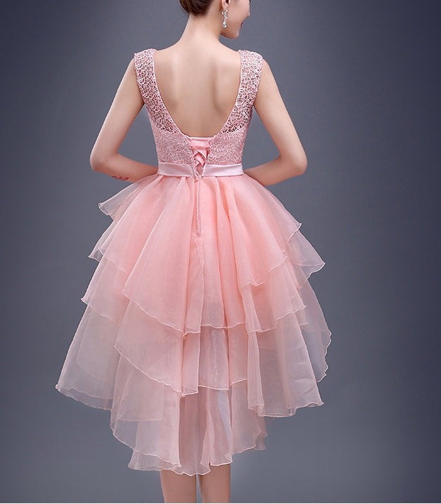 Charming A-line pink lace high-low short prom dress,homecoming dresses
