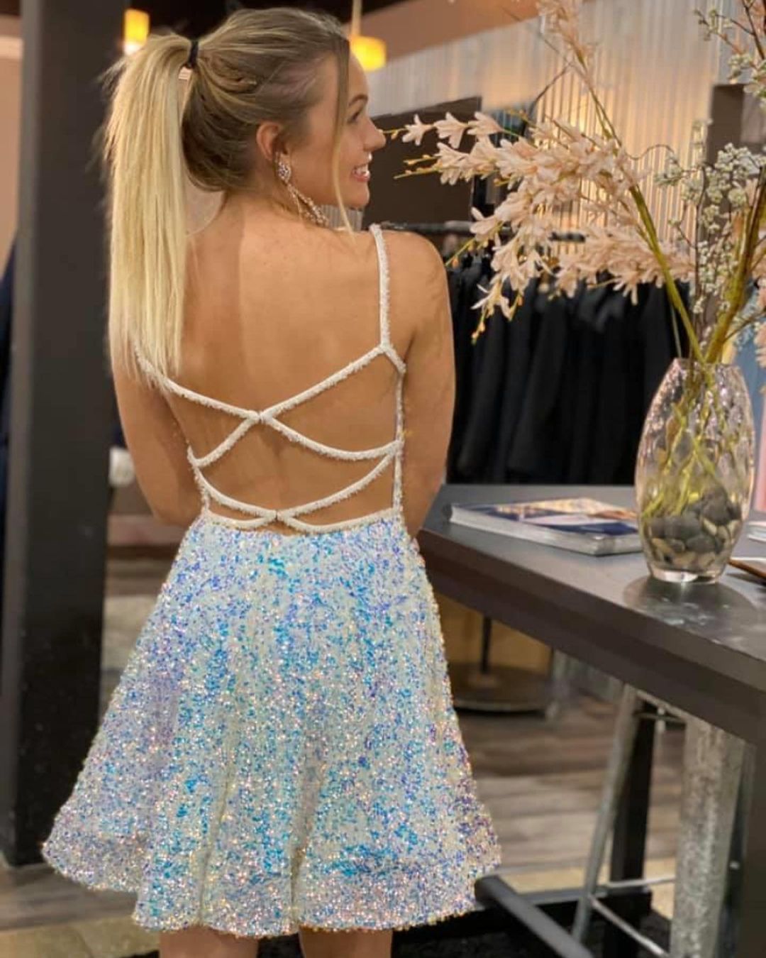 A-line White and Blue Sequined Party Dress