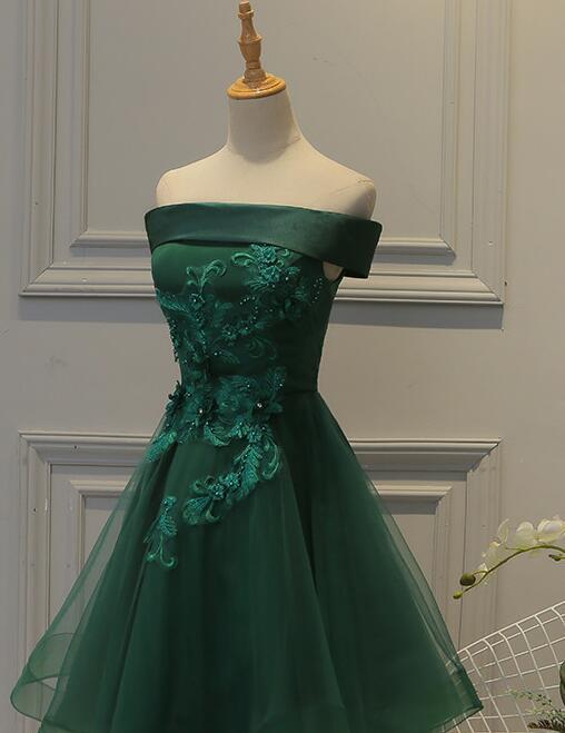 Lovely Off Shoulder Green Short Satin Party Dress With Lace Applique, Green Homecoming Dresses