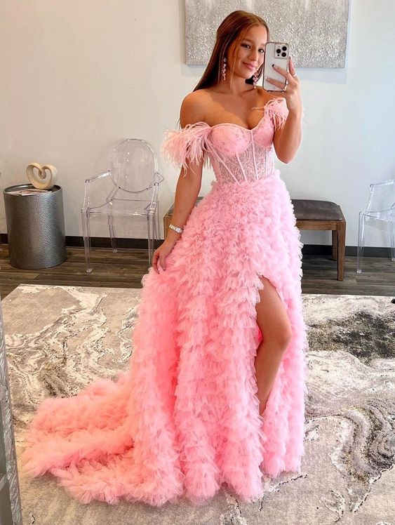 Pink Tulle Ruffled Gown, Off Shoulder Tulle Dress, Tulle Prom Dress, Corset Tulle Ball gown, Graduation Dress