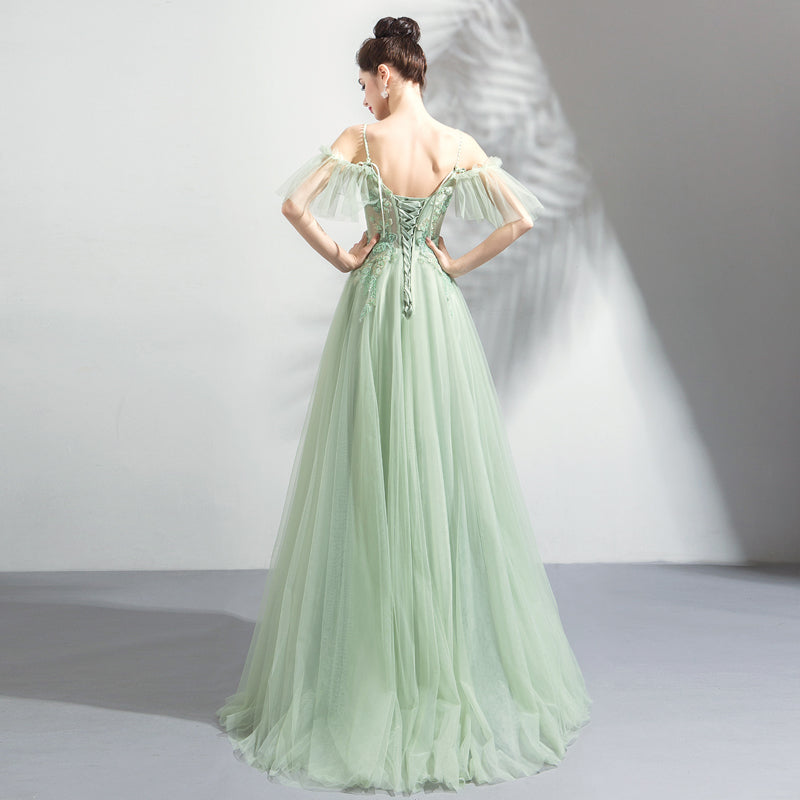 Green tulle lace long prom dress, evening dress