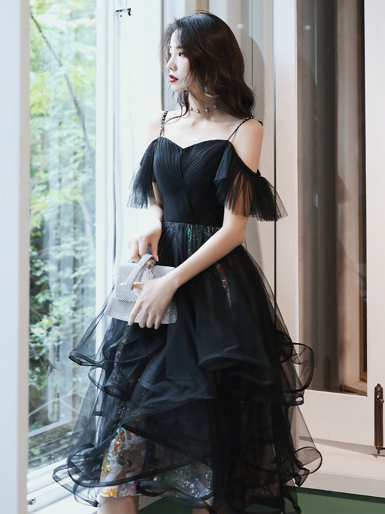 Unique design black tulle short prom dress