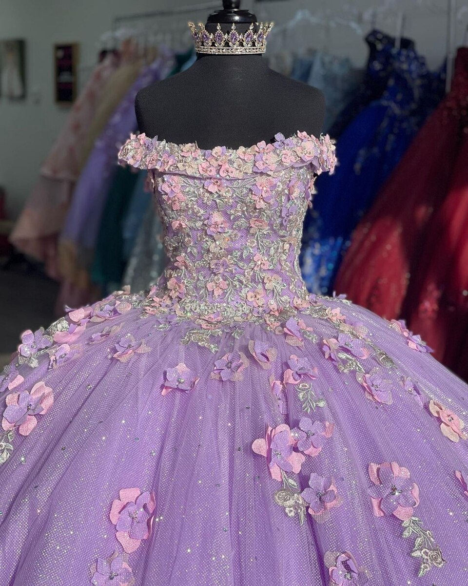 Appliqued Off Shoulder Shiny Elegant Tulle Ball Gown 3D Flowers Princess Evening Dress 15 Lovely